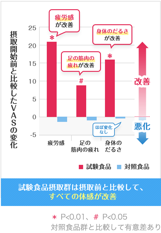 ・疲労感が改善 ・足の筋肉の疲れが改善 ・体のだるさが改善 試験食品摂取群は摂取前と比較して、すべての体感が改善